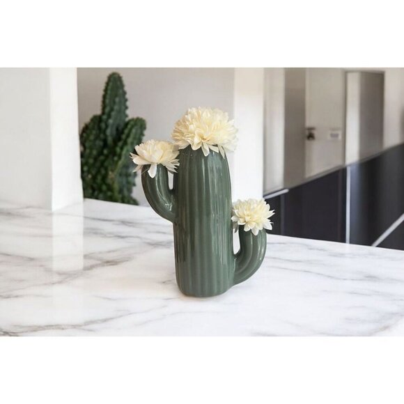 New Ceramic Cactus W/ Artifical White Flower Southwestern Home Decor Accent - Picture 1 of 2